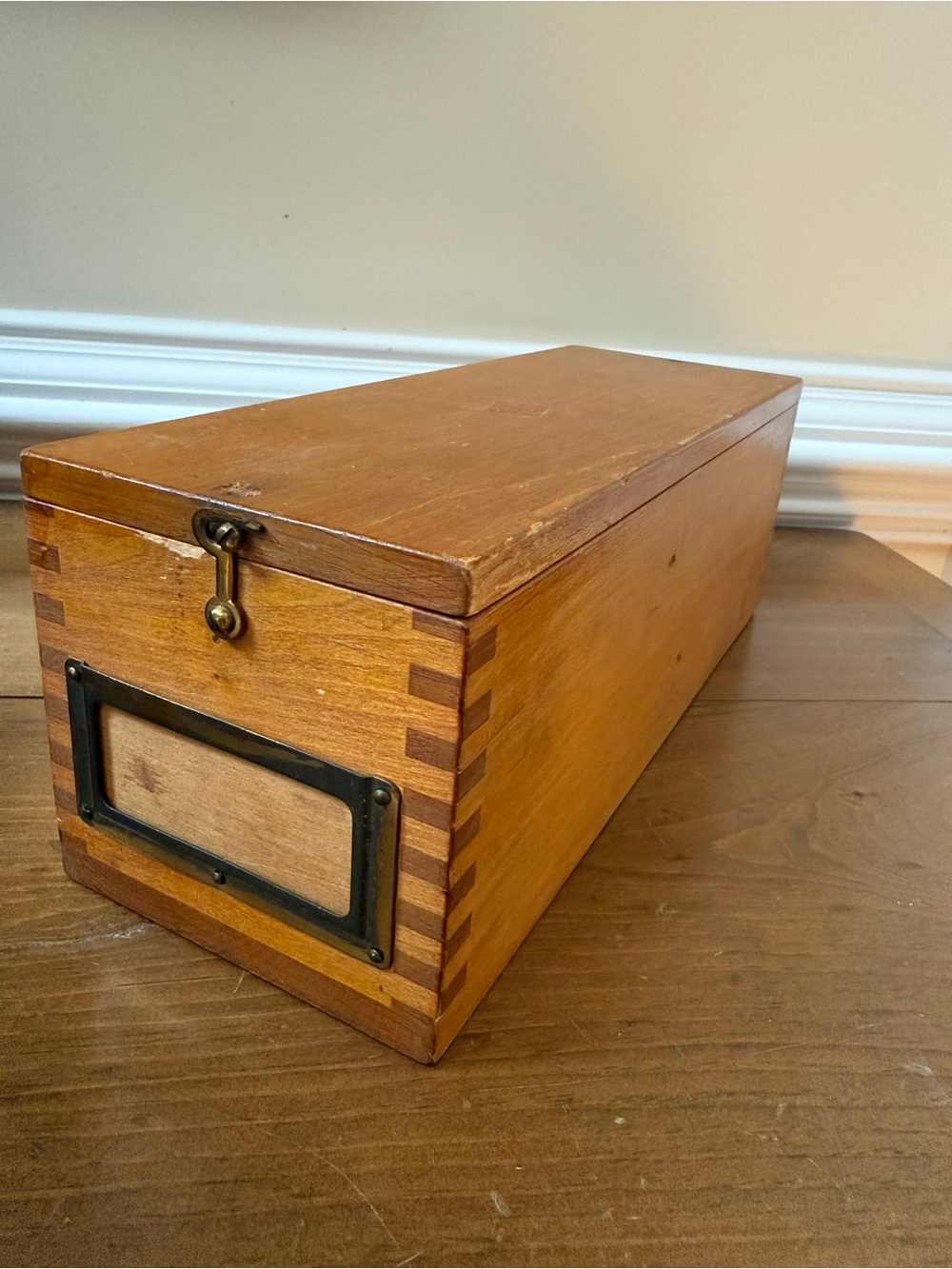 Vintage Dovetailed Wooden Card Catalog Storage Box with brass hardware